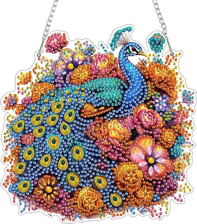 Genius maker Peacock Diamond Art Hanging Kits for Adults, Diamond Painting Pendant Kits, DIY Acrylic 5D Special Shaped Crystal Diamonds Gem Art Painting Ornament for Home Wall Decor Gift 8x8 Inch