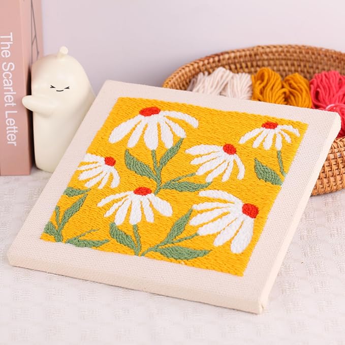 embroidery punch needle kit frame, embroidery starter kits for beginner kids,punch needle fabric with pattern,threader, yarns,embroidery hoops & rug punch (yellow)