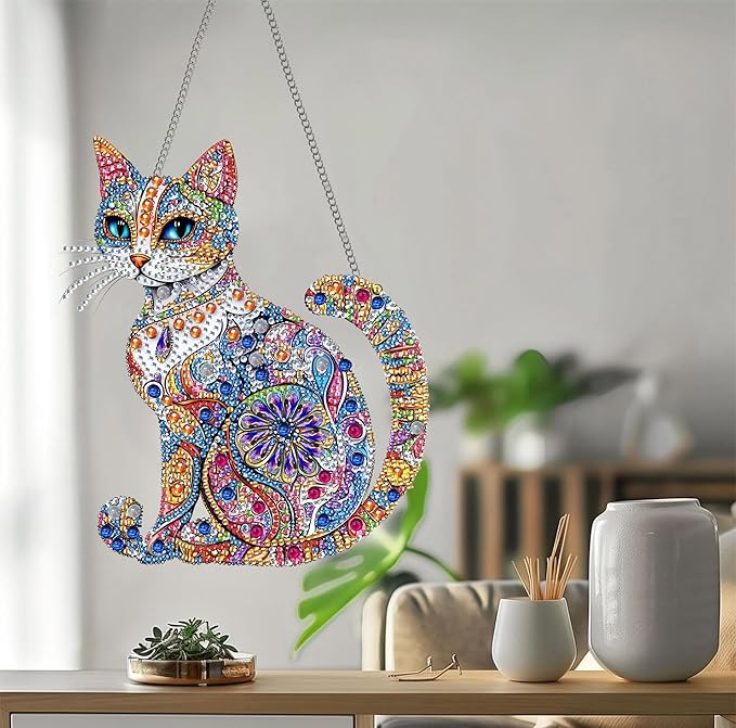 Bimkole Cat Diamond Art Hanging Kit for Adult, DIY 5D Animals Diamond Art Painting Window Pendant, Acrylic Crystal Art Hanging Ornament for Wall Home Garden Front Door Decor - 7.8x7.8 Inch