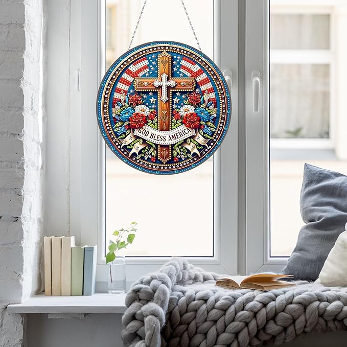 Generic DIY Hanging Diamond Pendant Special Shaped Crystal Diamond Art Painting Ornament Single Sided for Window Home Garden Wall Door Decor-Independence Day01