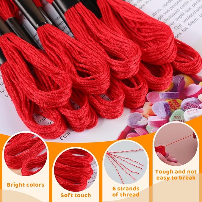 24 Skeins Red Embroidery Floss, Red Embroidery Cross Floss, Embroidery Thread Floss Set Including Plastic Floss Bobbins for Embroidery and Sewing