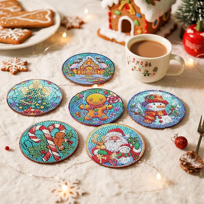 EWJRNSF 6 PCS 5D Diamond Painting Coasters Kits with Holder, Small Diamond Art Kits for Adults Beginners Diamond Dots Arts and Crafts Gems Supplies Item Christmas Style