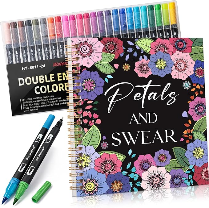 Adult Coloring Book Set for Relaxation, Spiral Bound Coloring Book for Women with 24 Colors Markers, Mindfulness Stress Relief 32 Patterns for Adults, Gift(7×8.2in)