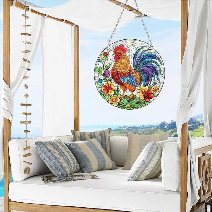 VAIIEYO Rooster Diamond Art Hanging Ornament, Animal Diamond Painting Suncatchers Window Hanging Kit with Chain, 7.5x7.5 inch Crystal Pendant Art Craft for Gift Home Wall Front Door Decoration