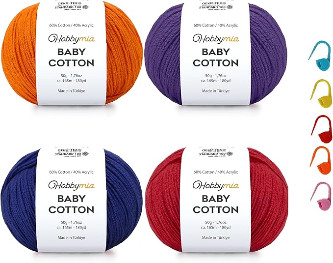 Baby Cotton Yarn Bundles for Crocheting - Each Ball is 50g / 180yds - (2) Fine, Sport Weight Yarn - Amigurumi Yarn, Crochet Thread - & 5 Stitch Makers (Vibrant - 1)