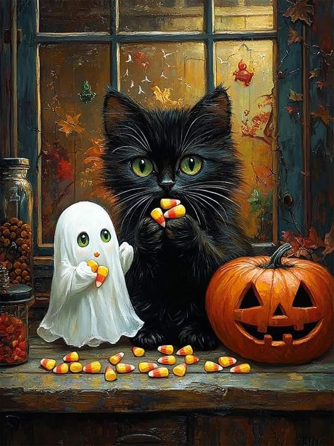 ijbnhd Halloween Diamond Art Kits for Adults, Black Cat Diamond Painting Kits for Adults, 5D Ghost Full Drill Round Pumpkin Gem Art Suitable Home Wall Decor 12x16inch