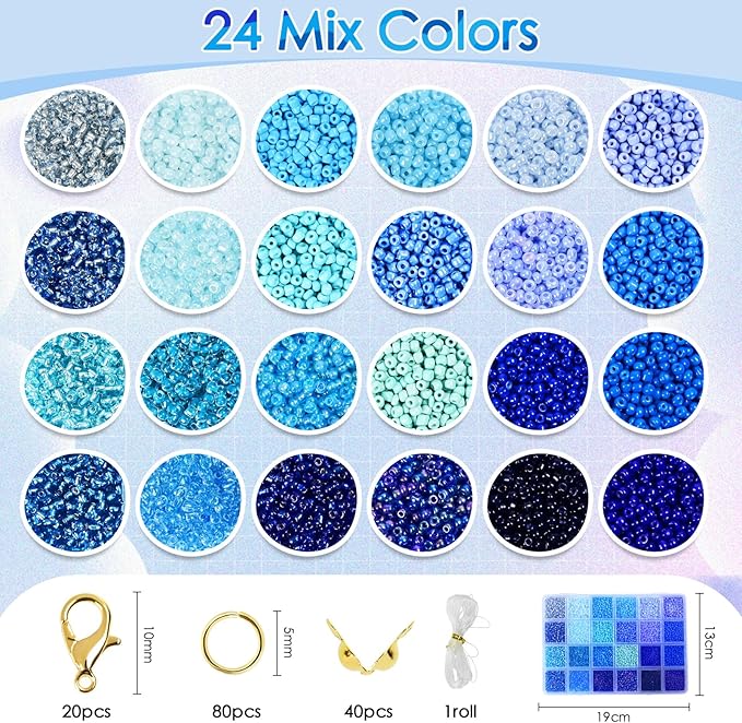 Vtssvow 3mm Glass Seed Beads for Bracelets Making, 24 Colors 10000pcs Friendship Bracelet Making Kit, Small Glass Beads for Jewelry Making (Mix 24 Color, Blue)