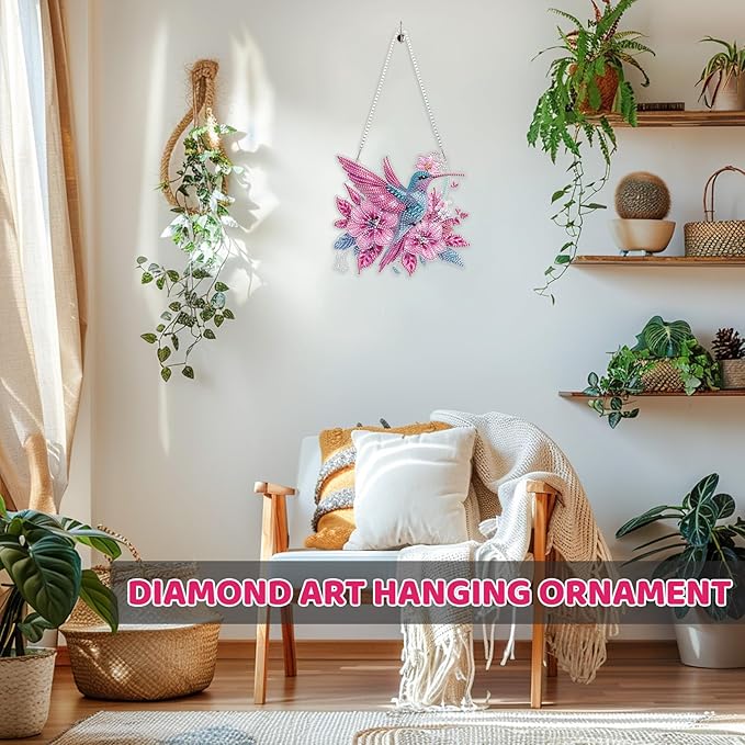 MEIYUDA Flowers Birds Diamond Art Hanging Kits for Adult, Hummingbird Diamond Painting Hanging Kits Ornaments, DIY Special Shaped Rhinestone Window Pendants kit for Home Garden Wall Decor Gift