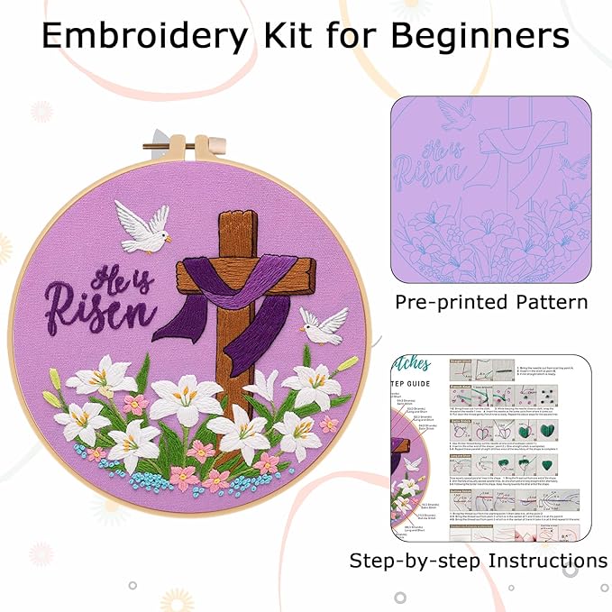 Nuberlic Lily Pattern Embroidery Kits for Beginner Adults, Cross Stitch Starter Kit with Embroidery Hoop Needles Threads Instruction -Easter Jesus