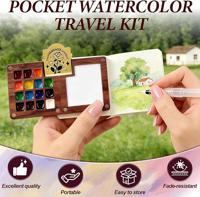 Mini Watercolor Travel Paint Set, 8 Grid Mini Portable Watercolor Palette with A Clip, Wooden Mini Paint Palette with Colours, Book, Binder Clips, Watercolor Pens for Painters Artists Students