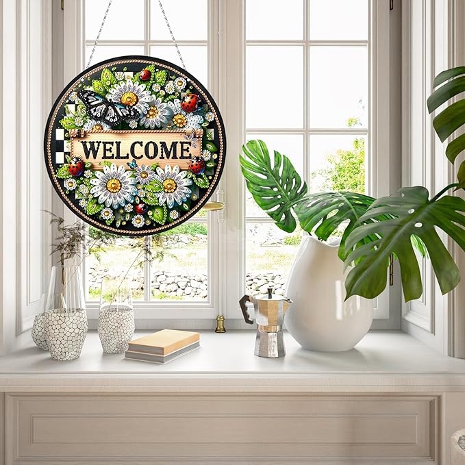 Generic DIY Hanging Diamond Pendant Special Shaped Crystal Diamond Art Painting Ornament Single Sided for Window Home Garden Wall Door Decor-Butterfly Daisy Flowers