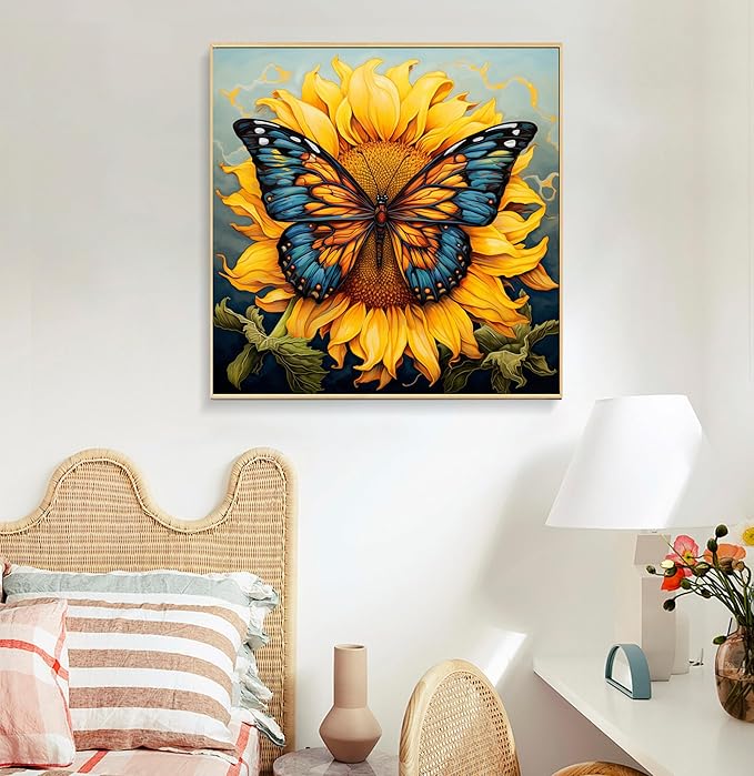 Framed Paint by Numbers Kit for Adults Beginners & Kids Ages 8-12, Butterfly Sunflower Acrylic Easy Paint by Number with Frame, Number Painting Kits on Canvas Framed (12 * 12 Inch, without Easel)