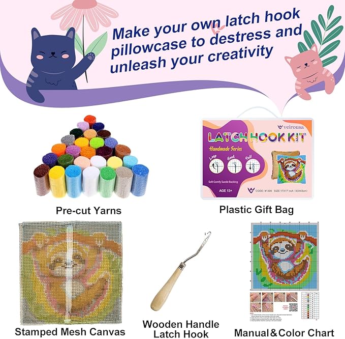 veirousa Cute Sloth Latch Hook Kits for Adults Kids Beginners Animals Flowers Latch Hook Pillow Kit Pre-Printed Latch Hook Rug Kits Cross-Stitch Embroidery Cushion for Home Sofa Decoration 17x17 in.