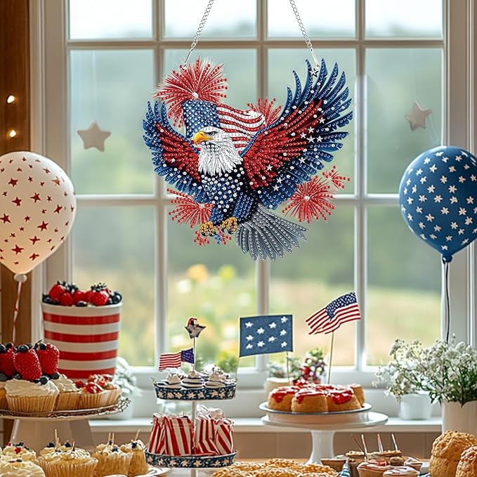 Bowetile Independence Day Bald Eagle 5D Diamond Art Hanging Kits for Adults, 4th of July Diamond Painting Window Pendant Kits, Special Shape Gem Art Suncatchers Ornament for Home Garden Wall Decor