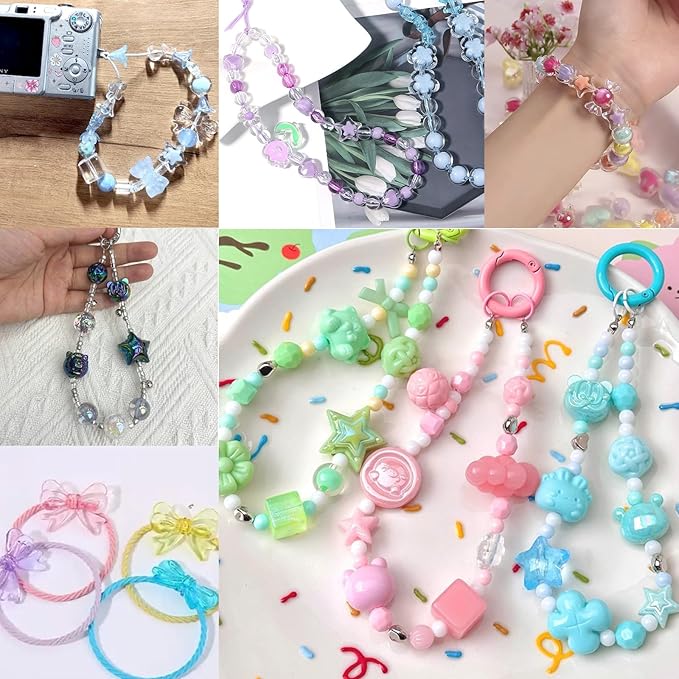 230-250pcs Assorted Acrylic Beads for Bracelet Making Kit, 200g Cute Beads for Keychain Making, Kandi Charms, Kawaii Jewelry Making, DIY Crafts (Black&Pink)
