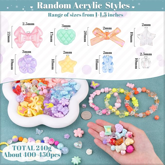 400-450PCS TINKRSTUFF Assorted Acrylic Beads, 6 Colors Series Cute Beads for Bracelet Making, Bow Flower GummyBear Kawaii Charms, Aesthetic Bead for Necklace Keychain Jewelry Making DIY Phone Charm