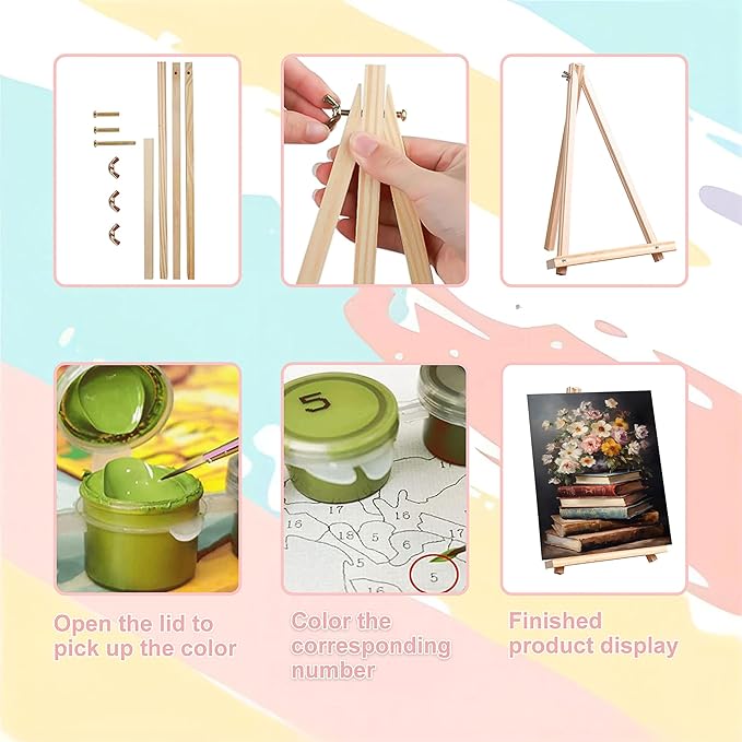 Book Paint by Numbers for Adults with Framed Canvas - with Wooden Easel, Paint by Number on Canvas Flowers, Acrylic Vintage Oil Painting Kit with Brushes Nice Gift Box for Home Wall Decor (12x16 inch)