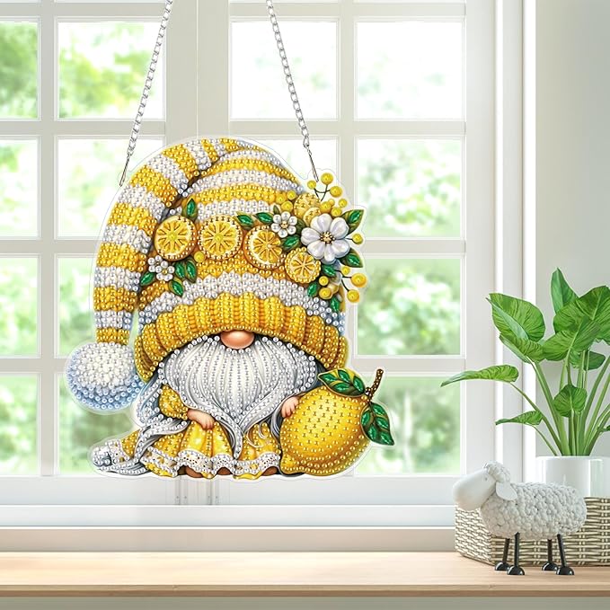 Bowetile Gnome Diamond Art Hanging Kits for Adults, Diamond Art Suncatchers Lemon, 5D Special Shape Diamond Painting Pendant Window Ornament Gifts for Home Wall Door Garden Decor
