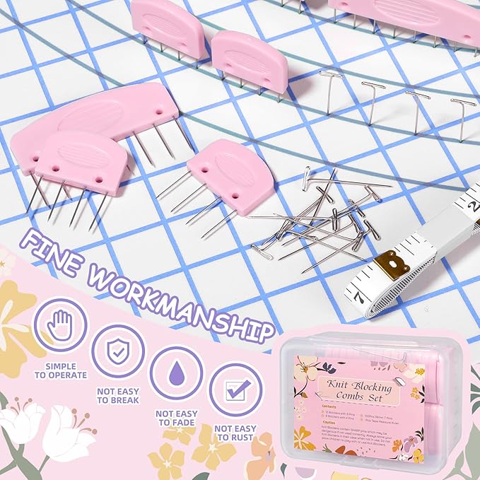 120 Pcs Knit Blocking Combs Pins Kit, 20Pcs Pink Color Knit Blockers Pins Kit, 100 T-pins for Blocking Knitting Crochet, Needlework Projects, Knitting Block Pins Tool for Blocking Mats