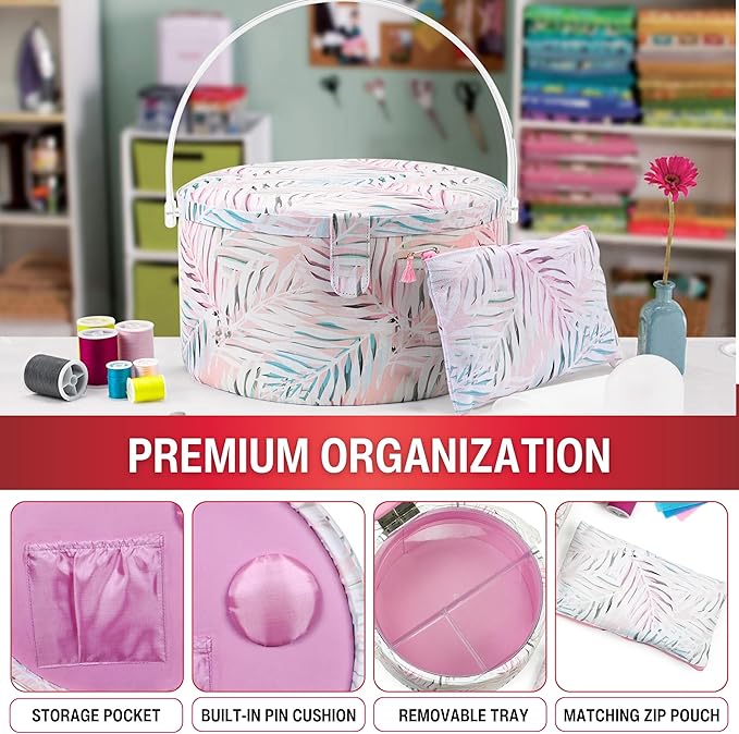 SINGER Premium Round Large Sewing Basket with Matching Zipper Pouch and Emergency Sewing Kit | 30% More Storage Volume (Pastel Palm Leaf)