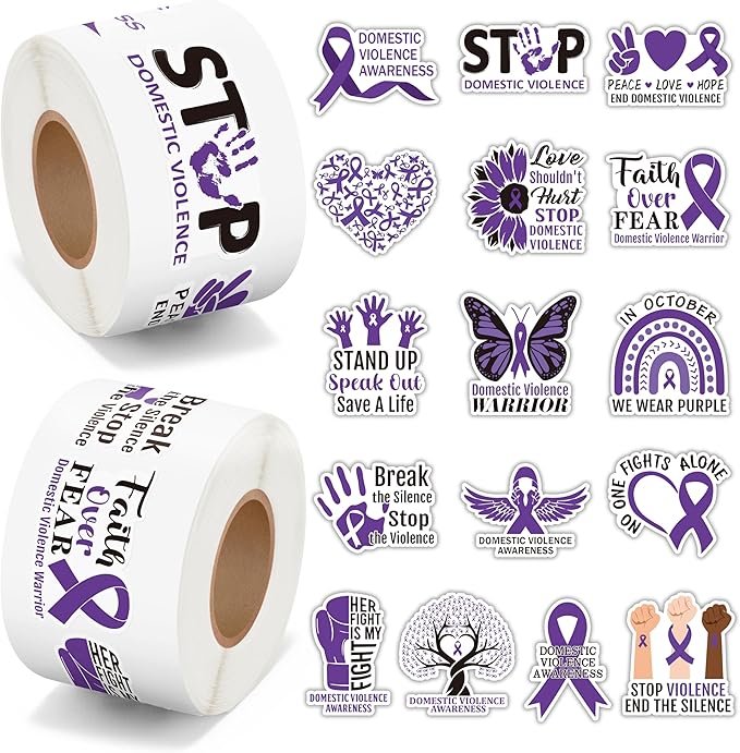 beyumi domestic violence awareness stickers - 1000pcs domestic violence awareness stickers in 2 rolls waterproof vinyl purple ribbon hope faith decals laptop bottle notebook luggage decor adults teens