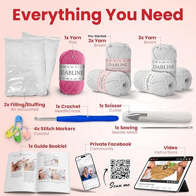 Dabline Crochet Pillow Kit for Beginners – Easy DIY Crochet Starter Kit with Pre-Started Yarn & Step-by-Step Video Tutorials – Learn to Crochet Kit Gift for Women & Men