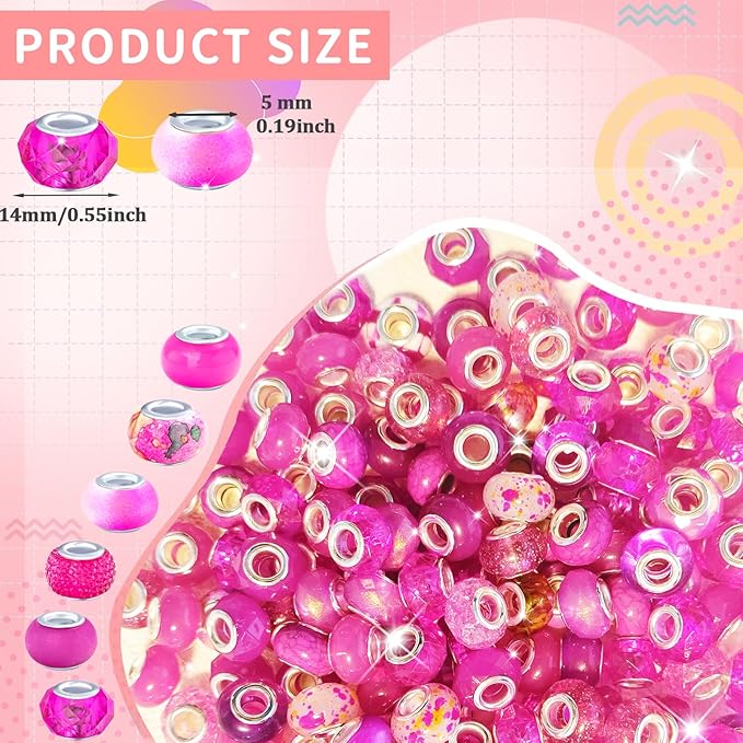 Large Hole Beads Rose Red European Beads for Pens 100 Pieces Assorted Large Hole Fairy Wand Garden Beads Lampwork Craft Spacer Beads for DIY Charms Bracelet Necklace Decoration Jewelry Making Supplies