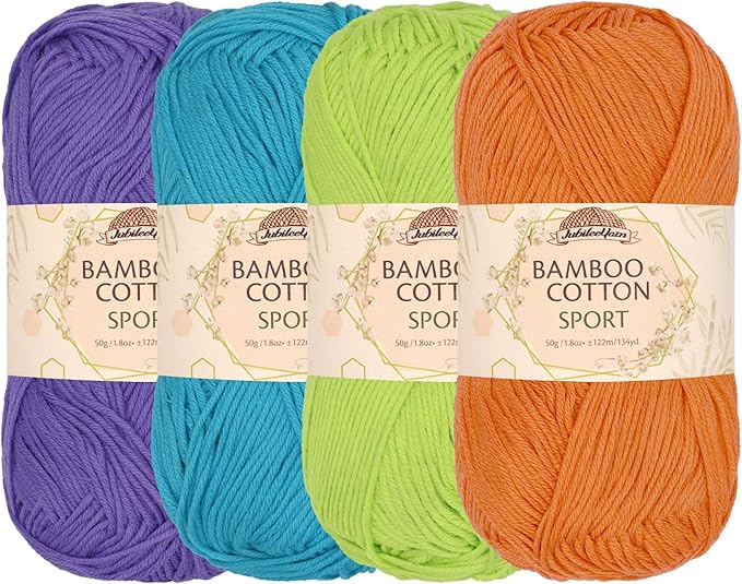 JubileeYarn Bamboo Cotton Sport Yarn - 50g/Skein - Shades of Tropical Colors - 4 Skeins
