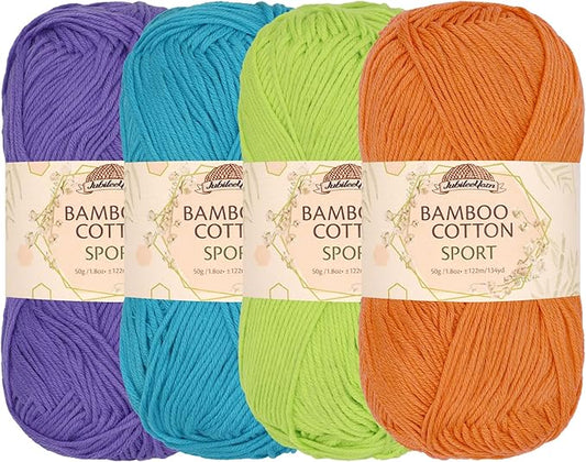 JubileeYarn Bamboo Cotton Sport Yarn - 50g/Skein - Shades of Tropical Colors - 4 Skeins