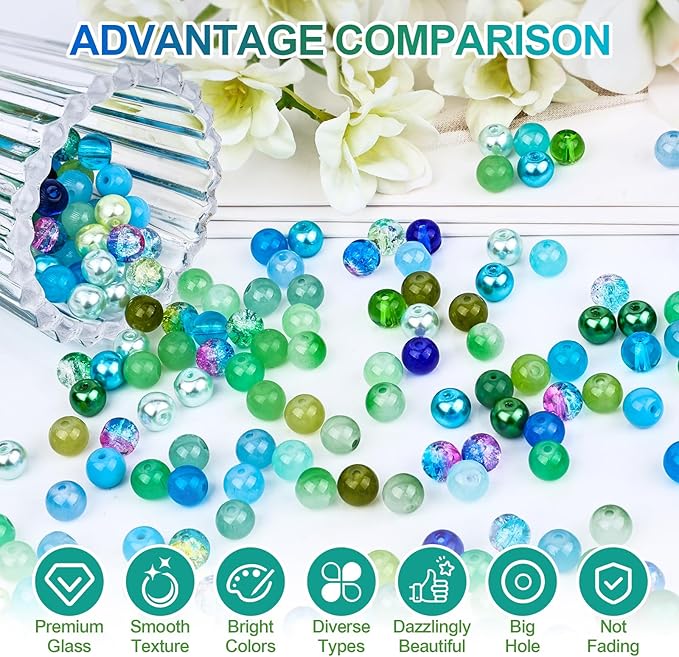 XSEINO About 1200PCS 8mm Glass Beads Bracelet Making Kit,48 Assorted Dreamy Blue Ocean and Green Series Colorful Crystal Beads for Making and DIY Crafts