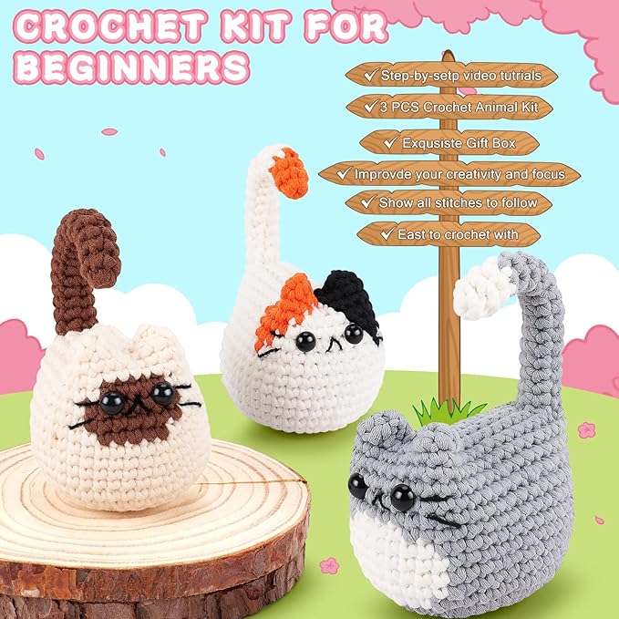 Cat Crochet Kit for Beginners-3PCS Cats Crochet Kits,Teacher Appreciation Gifts for Women, Crochet Starter Kit with Step-by-Step Video Tutorials,Crochet Animal Kits DIY Craft Learn to Crochet Kits