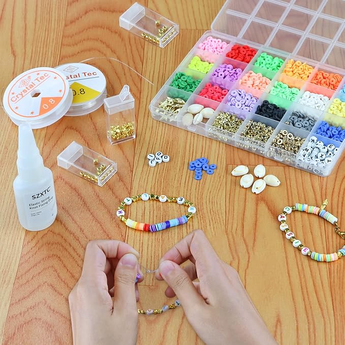 SZXTC 4 Pcs Clay Beads Bracelets Professional Elastic String Kont Fixing Drip, Keep Stretch String Braclet Stay Tied for Flat Round Polymer Heishi Beads Spacer Charm Jewelry Making Kit