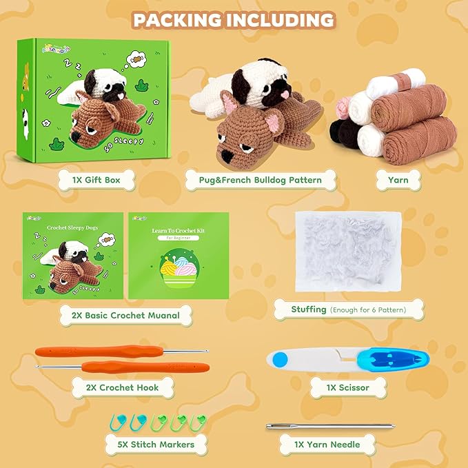Crochet Kit for Beginners- Teacher Appreciation Gifts, 2 PCS Pug and French Bulldog Crochet Kits for Adults, Sleeping Dog Crochet Kit with Step-by-Step Video Tutorials Instructions DIY Knitting Kit