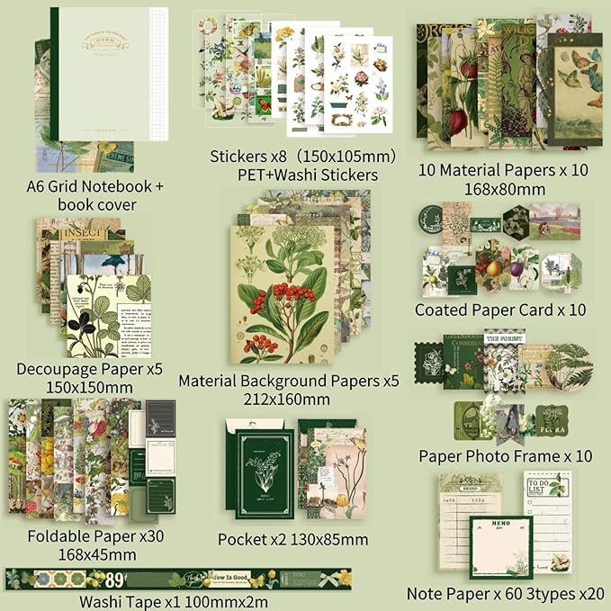 LCLAIDYDY Scrapbooking Supplies Kit,Vintage Botanical Aesthetic Scrapbook Kit,Bullet Junk Journal Kit with Journaling,A6 Grid Notebook,Stationery,Flower DIY Craft Gift for Teen Girl Women