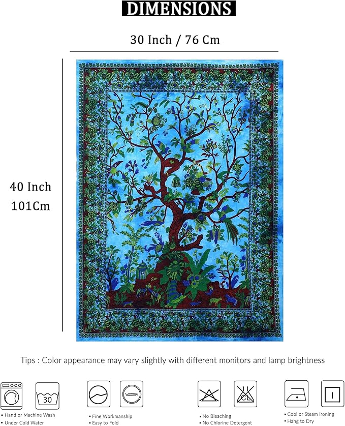 the art box tapestry turquoise tree of life wall hanging – indian cotton small-size bedspread, picnic sheet, wall decor, blanket, wall art for bedroom (30x40 inch)