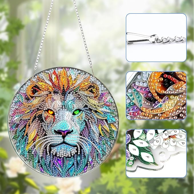 Lxmsja DIY Stained Glass Lion Diamond Painting Hanging Ornament, Double-Sided Acrylic Lion Diamond Art Kit, Special Shaped Suncatcher Hanging Pendant Window Art Kit 8x8 inch