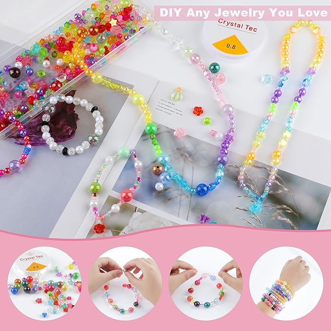 650 Pcs Crystal Beads for Jewelry Making,Sparkly Crystal Acrylic Bead DIY for Bracelets Craft Earrings Necklaces Making,Assorted Rondelle/Heart/Flower/Star Bulk Beads with Elastic String and Box