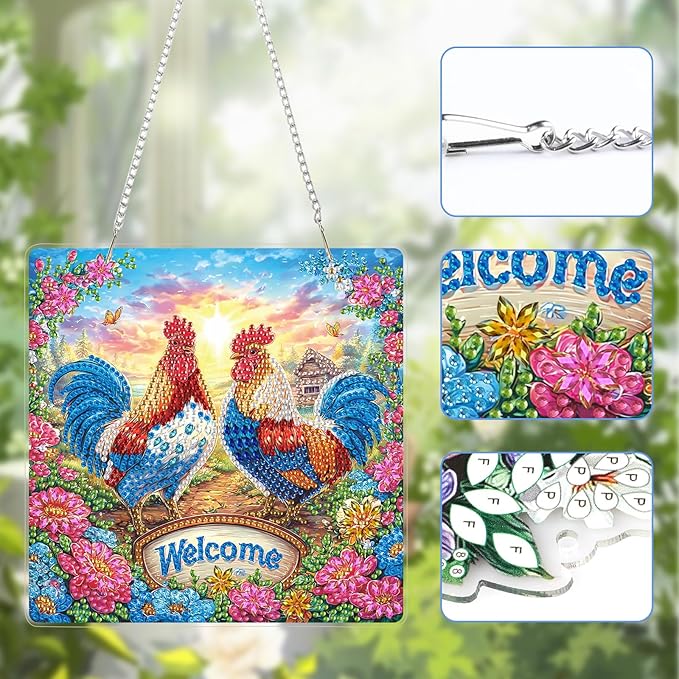Lxmsja DIY Two Chickens Diamond Painting Hanging Ornament, Double-Sided Acrylic Farm Diamond Art Kit, Special Shaped Suncatcher Hanging Pendant Window Art Kit 8x8 inch