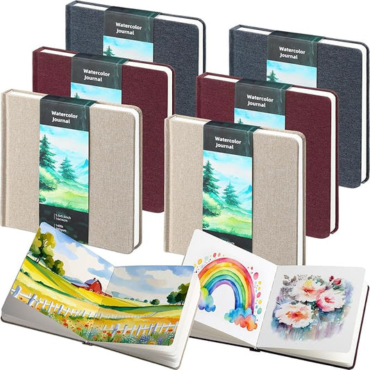 Mooliwe 6 Pcs Watercolor Sketchbook Journal Small Paper Watercolor Journal Bulk for Painting 300 GSM 140 LB Cotton Cold Press for Gifts(5.5" X 5.5",Retro Color)