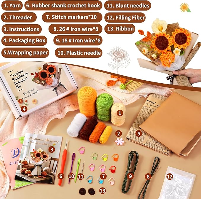 Kogyxe Crochet Kit for Beginners, Crochet Flower Bouquet with Step-by-Step Video Tutorials, Adults Crafts Kits Including Materials Such as Floral Wire, Newspaper for Commemorative Gift