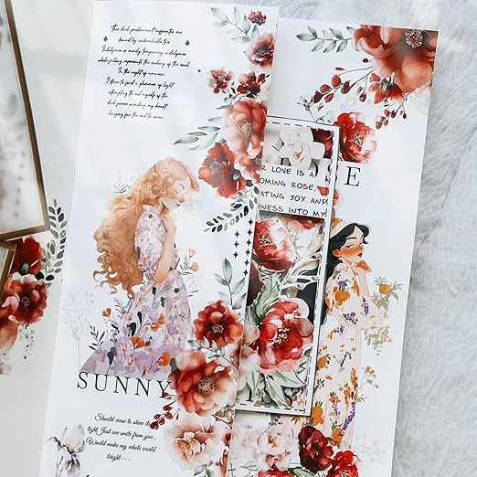 Floral PET Washi Tape Set - 6 Roll Wide PET Tape for Scrapbook Supplies,Character Decorative Girls Sticker,Flower Stickers, Bullet Journals Materials,Planner Arts Craft Collage