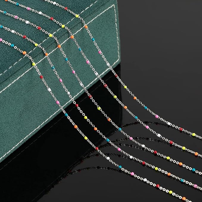 UMAOKANG 33 Feet/10M Silver Jewelry Chains Soldered 304 Colorful Beaded Stainless Steel Link Cable Chain Necklace Bulk for Jewelry Making with 10 Lobster Clasps and 30 Jump Rings