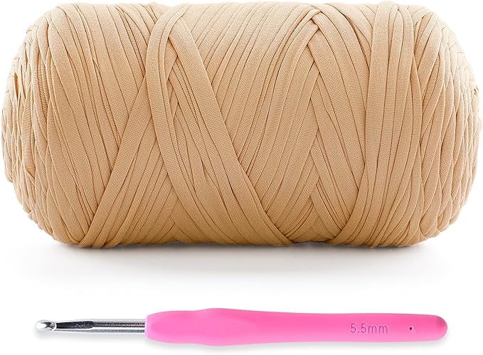 Soft T-Shirt Yarn for Crochet, T Shirt Yarns for Crocheting Crafts, Bags, Basket, Coaster, Tshirt Yarns - 400 g/130 yds with 1 Crochet Hook (1, Khaki)