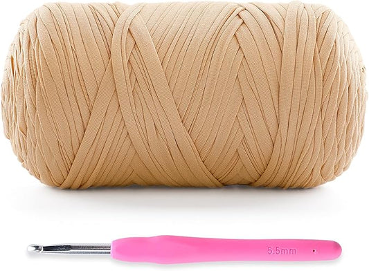 Soft T-Shirt Yarn for Crochet, T Shirt Yarns for Crocheting Crafts, Bags, Basket, Coaster, Tshirt Yarns - 400 g/130 yds with 1 Crochet Hook (1, Khaki)