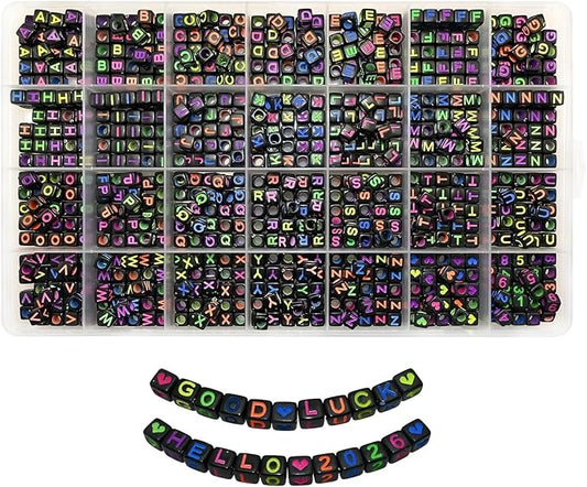 840pcs Black Letter Beads Number and Heart Beads 6x6mm Colorful Alphabet Acrylic Beads for Jewelry Making
