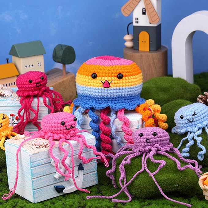 Blossvane Beginners Crochet Kit for Adults - 6 Pack Magical Jellyfish, Complete Starter Amigurumi Kit with Easy Step-by-Step Video Tutorials, Learn to Crochet Kit for All Ages