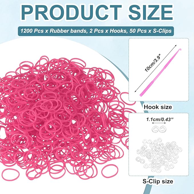 MECCANIXITY 1200 Pcs Loom Rubber Bands Kit with 50 Pcs S-Clips 2-Hooks Rubber Bands Refill Bracelet Making Kits for Weaving DIY Handcrafts Gift, Bright Pink