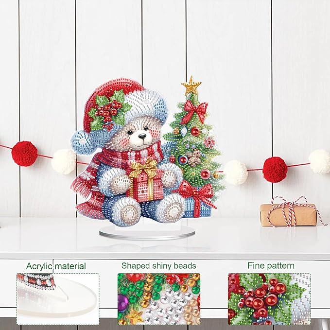MVVMTOP Christmas Diamond Painting Kits Tabletop Decoration, DIY Bear & Christmas Tree, 5D Diamond Art Home Ornament by Number Mosaic Arts Crafts for Home Office Acrylic Tabletop Decor, New Year Gift