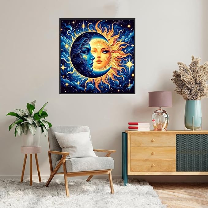 Framed Paint by Numbers Kit for Adults Beginners & Kids Ages 8-12, Sun and Moon Acrylic Easy Paint by Number with Frame, Watercolor Painting by Number Kits on Canvas Framed (8 * 8 Inch, without Easel)