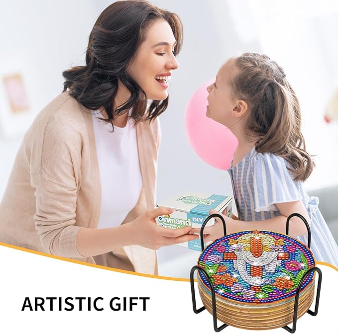 8 Pcs Cross Diamond Art Coasters Kit with Holder and Cork Pads, DIY Christian Diamond Painting Coasters for Adults Beginners, Religious Crafts for Home Decor or Gift